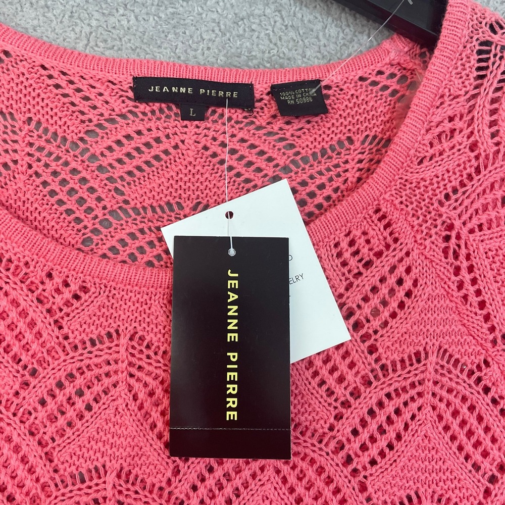 NWT Jeanne Pierre Sweater Women's Large Pink 100% Cotton Crochet Knit 3/4 Sleeve - Picture 6 of 8